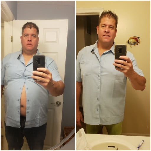 A picture of a 6'3" male showing a weight loss from 330 pounds to 270 pounds. A net loss of 60 pounds.