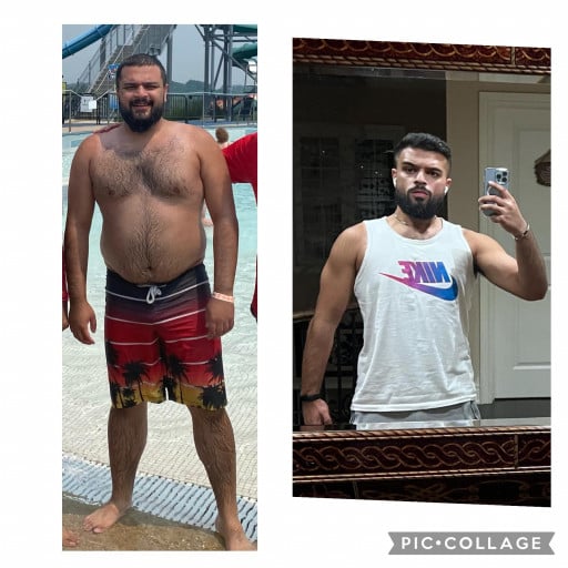 A progress pic of a 5'10" man showing a fat loss from 230 pounds to 175 pounds. A net loss of 55 pounds.