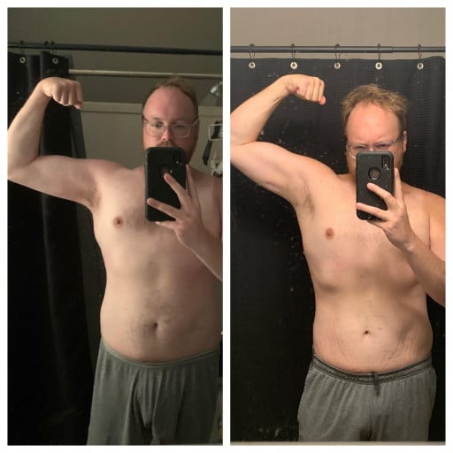 A before and after photo of a 5'10" male showing a weight reduction from 220 pounds to 200 pounds. A net loss of 20 pounds.