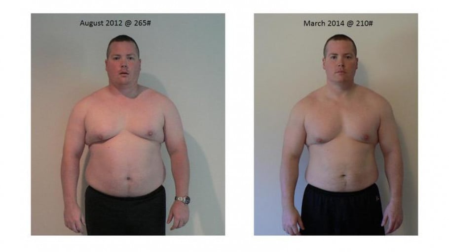 A progress pic of a 5'8" man showing a weight loss from 265 pounds to 210 pounds. A net loss of 55 pounds.