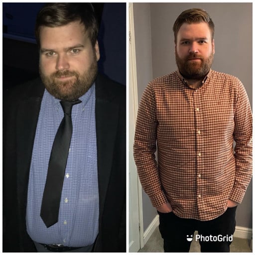 A before and after photo of a 6'2" male showing a weight reduction from 290 pounds to 230 pounds. A total loss of 60 pounds.