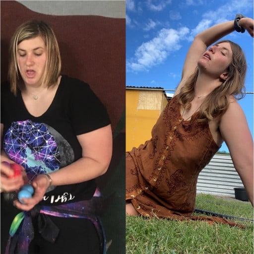 A before and after photo of a 5'8" female showing a weight reduction from 237 pounds to 182 pounds. A respectable loss of 55 pounds.