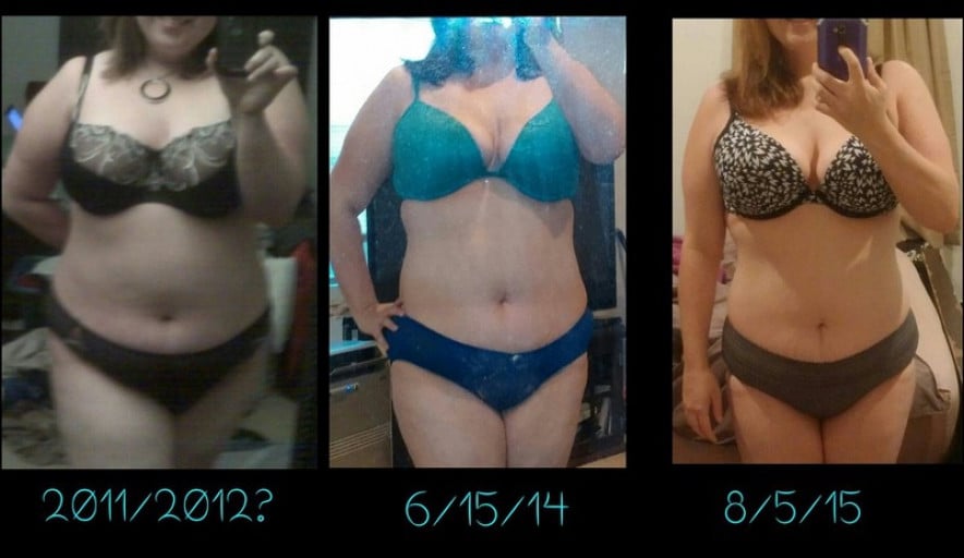 A progress pic of a 5'2" woman showing a weight reduction from 224 pounds to 157 pounds. A respectable loss of 67 pounds.