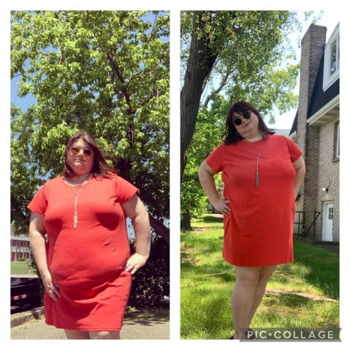 A progress pic of a 5'4" woman showing a fat loss from 297 pounds to 263 pounds. A net loss of 34 pounds.