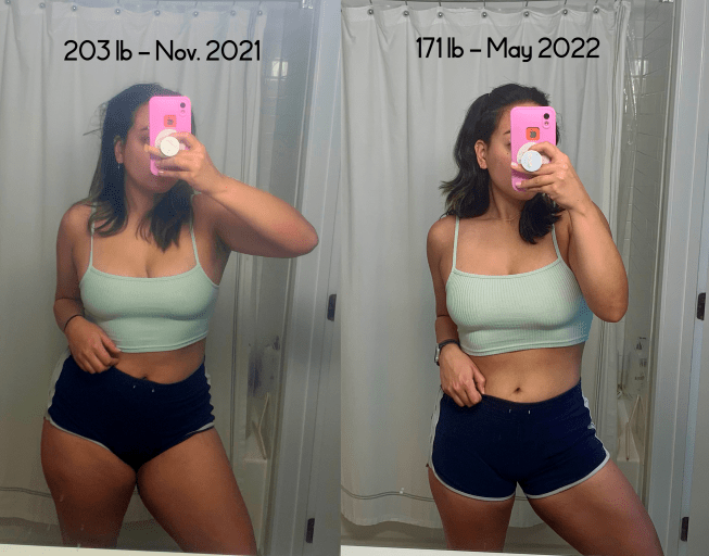 A before and after photo of a 5'8" female showing a weight reduction from 203 pounds to 171 pounds. A net loss of 32 pounds.
