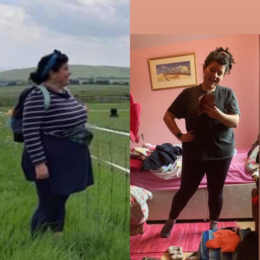 A progress pic of a 5'3" woman showing a fat loss from 270 pounds to 198 pounds. A respectable loss of 72 pounds.