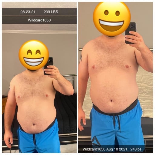A progress pic of a 5'8" man showing a fat loss from 243 pounds to 239 pounds. A net loss of 4 pounds.