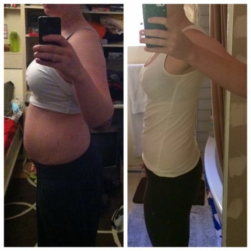 A progress pic of a 5'7" woman showing a weight cut from 210 pounds to 140 pounds. A net loss of 70 pounds.