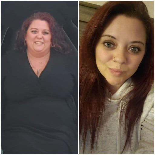 A picture of a 5'0" female showing a weight loss from 200 pounds to 147 pounds. A total loss of 53 pounds.