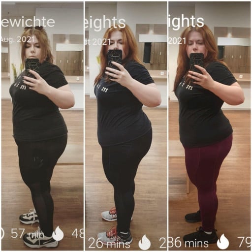 A progress pic of a 5'6" woman showing a fat loss from 264 pounds to 251 pounds. A net loss of 13 pounds.