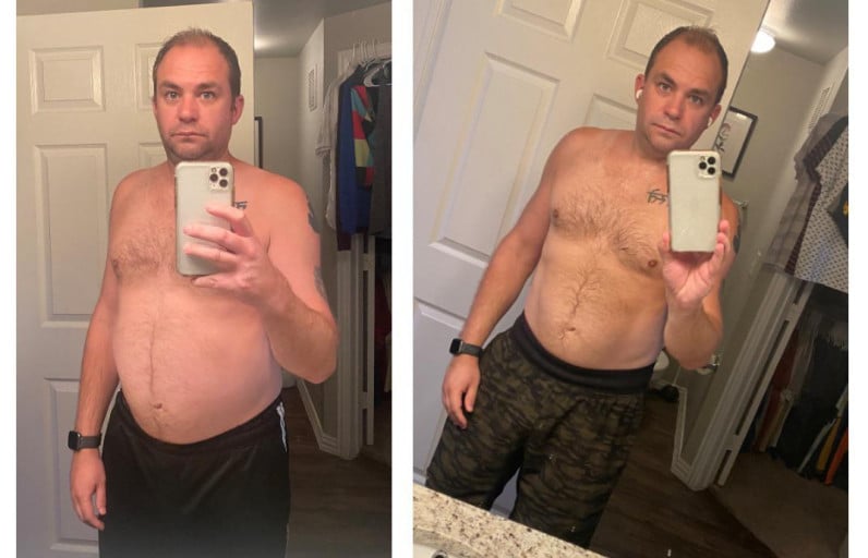 A picture of a 6'0" male showing a weight loss from 229 pounds to 194 pounds. A respectable loss of 35 pounds.