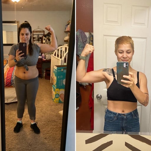 A before and after photo of a 4'11" female showing a weight reduction from 138 pounds to 113 pounds. A respectable loss of 25 pounds.