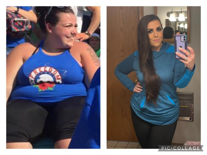 A before and after photo of a 5'7" female showing a weight reduction from 355 pounds to 199 pounds. A total loss of 156 pounds.