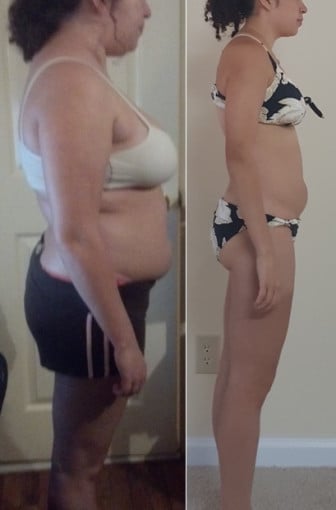 A photo of a 5'3" woman showing a fat loss from 170 pounds to 124 pounds. A respectable loss of 46 pounds.