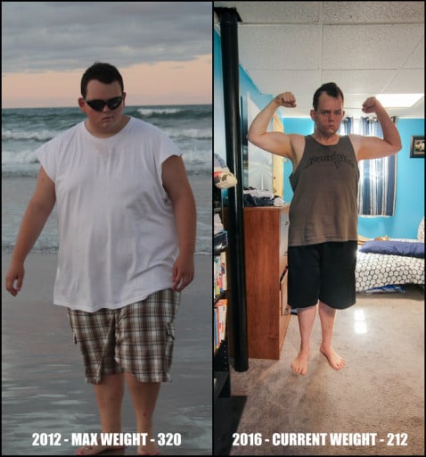 A progress pic of a 5'11" man showing a fat loss from 320 pounds to 212 pounds. A net loss of 108 pounds.