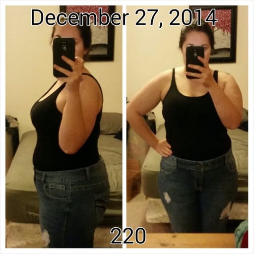 A picture of a 5'6" female showing a fat loss from 250 pounds to 220 pounds. A respectable loss of 30 pounds.