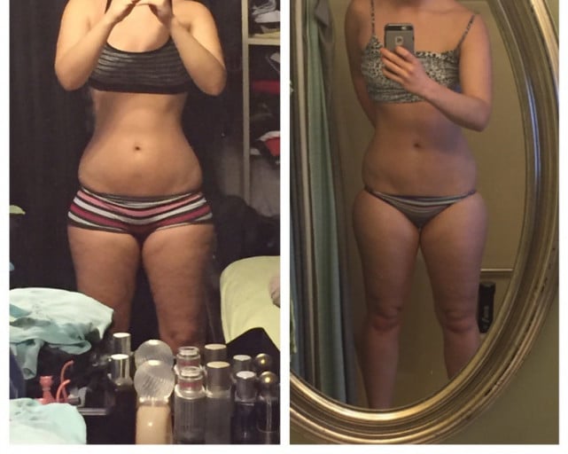 A progress pic of a 5'8" woman showing a weight reduction from 164 pounds to 159 pounds. A net loss of 5 pounds.