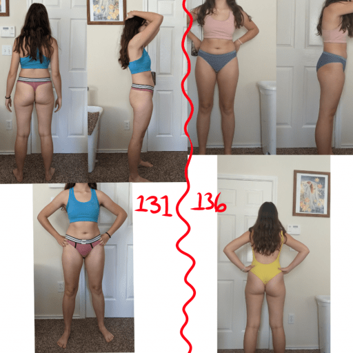 A progress pic of a 5'4" woman showing a fat loss from 162 pounds to 131 pounds. A total loss of 31 pounds.