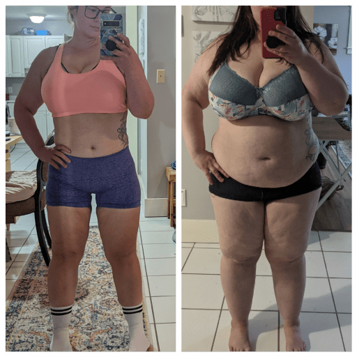 A photo of a 5'4" woman showing a weight cut from 285 pounds to 190 pounds. A net loss of 95 pounds.