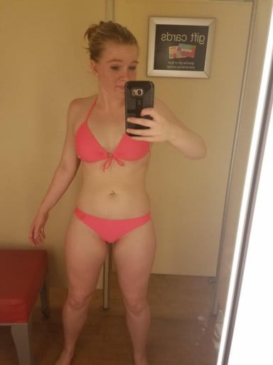 A progress pic of a 5'3" woman showing a fat loss from 175 pounds to 144 pounds. A respectable loss of 31 pounds.