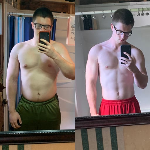 A before and after photo of a 5'11" male showing a weight reduction from 205 pounds to 174 pounds. A net loss of 31 pounds.