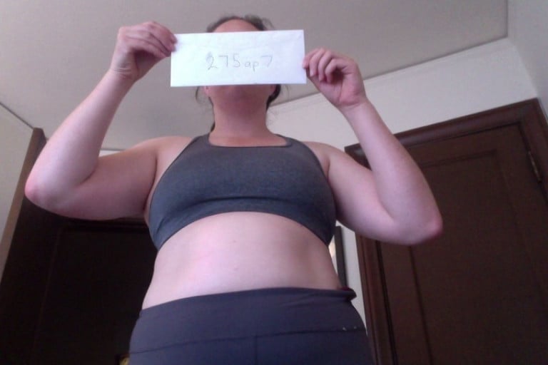 A before and after photo of a 5'8" female showing a snapshot of 206 pounds at a height of 5'8