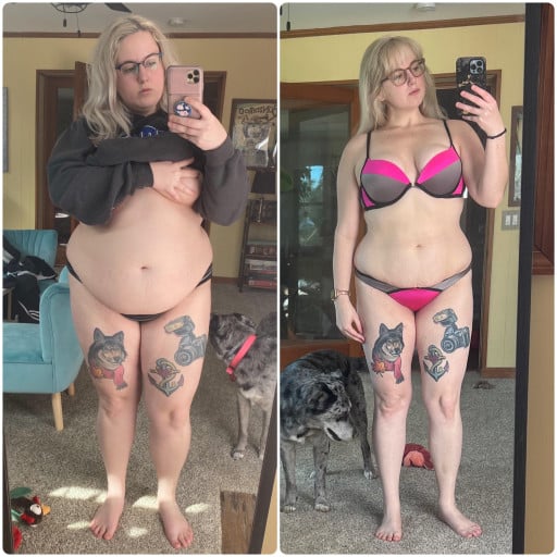 Before and After 75 lbs Fat Loss 5'4 Female 240 lbs to 165 lbs