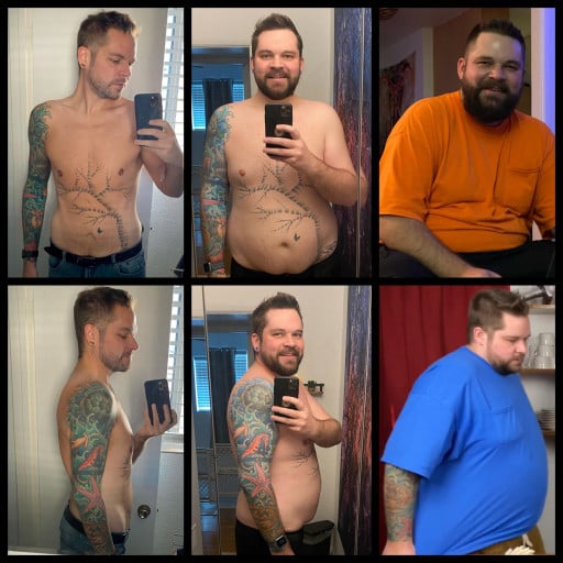 A progress pic of a 6'3" man showing a fat loss from 330 pounds to 245 pounds. A respectable loss of 85 pounds.
