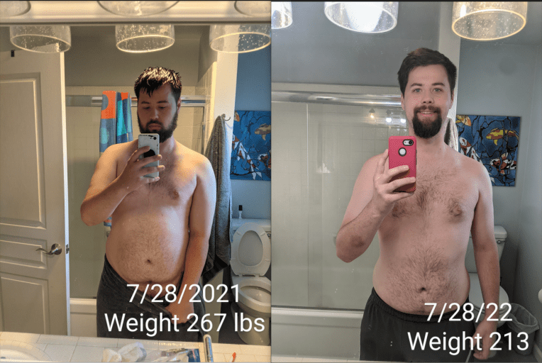 A photo of a 6'2" man showing a weight cut from 267 pounds to 213 pounds. A total loss of 54 pounds.
