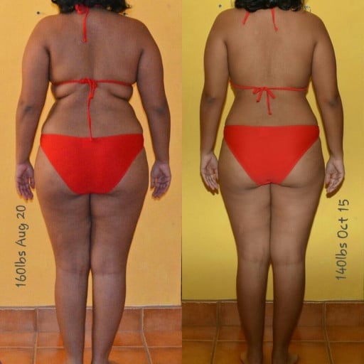 A progress pic of a 5'1" woman showing a fat loss from 160 pounds to 140 pounds. A respectable loss of 20 pounds.