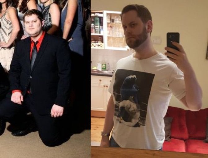 A before and after photo of a 6'3" male showing a weight reduction from 336 pounds to 229 pounds. A respectable loss of 107 pounds.