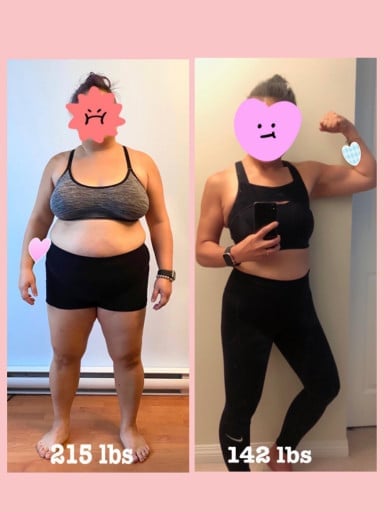 A before and after photo of a 5'0" female showing a weight reduction from 215 pounds to 142 pounds. A net loss of 73 pounds.
