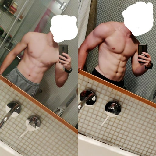 A before and after photo of a 5'11" male showing a weight bulk from 134 pounds to 157 pounds. A total gain of 23 pounds.