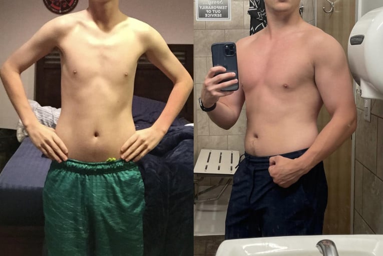 A before and after photo of a 5'10" male showing a weight bulk from 125 pounds to 170 pounds. A respectable gain of 45 pounds.