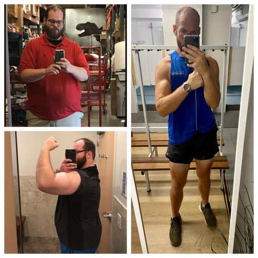 A before and after photo of a 6'5" male showing a weight reduction from 375 pounds to 225 pounds. A net loss of 150 pounds.