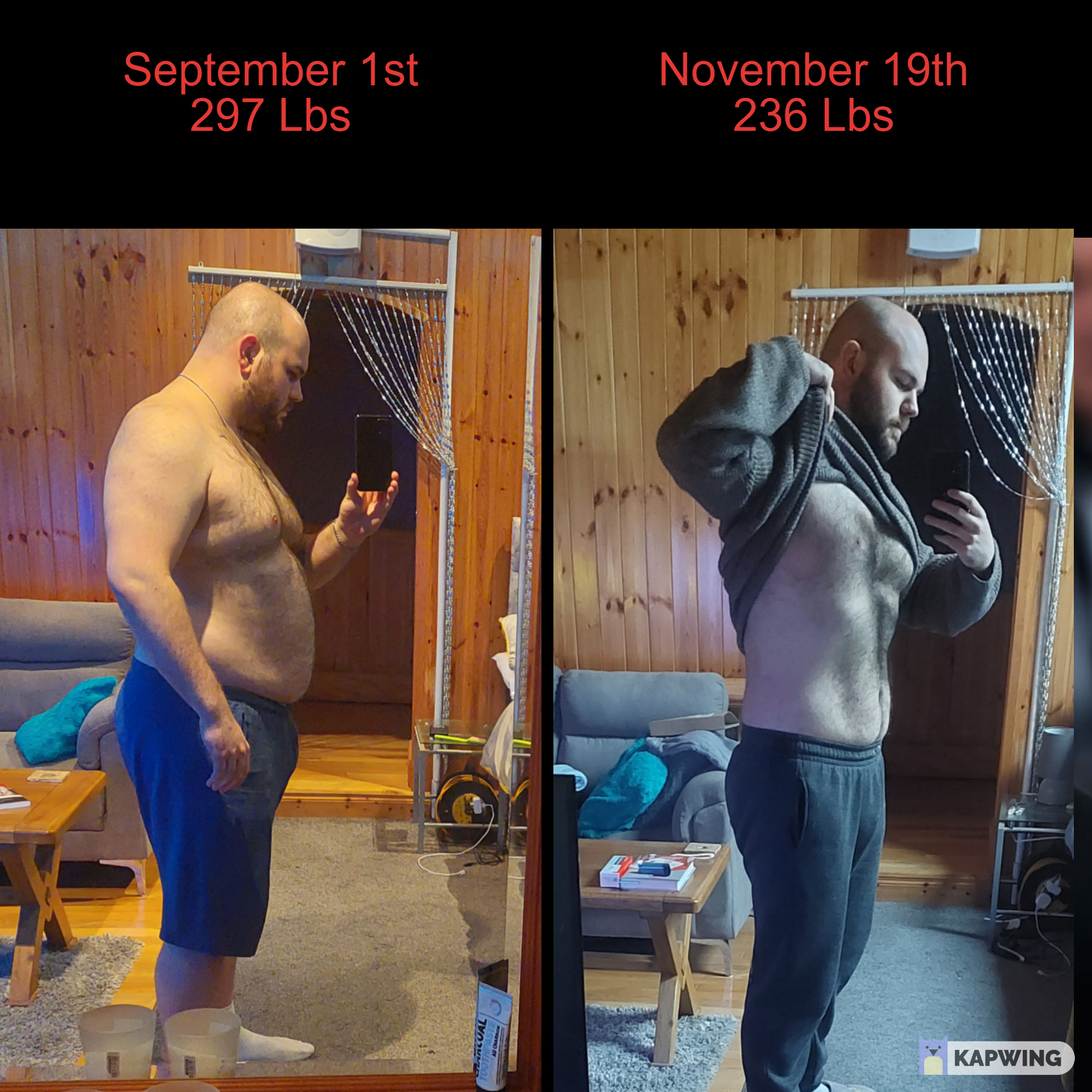 6 foot Male 61 lbs Weight Loss Before and After 297 lbs to 236 lbs