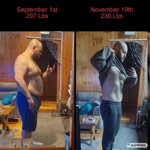 6 foot Male 61 lbs Fat Loss Before and After 297 lbs to 236 lbs