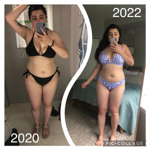 A progress pic of a 5'6" woman showing a fat loss from 176 pounds to 161 pounds. A total loss of 15 pounds.