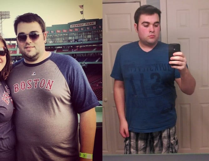 A before and after photo of a 6'0" male showing a weight reduction from 290 pounds to 245 pounds. A net loss of 45 pounds.