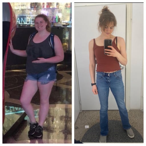 A progress pic of a 5'8" woman showing a fat loss from 235 pounds to 102 pounds. A total loss of 133 pounds.