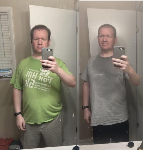 A progress pic of a 5'11" man showing a fat loss from 232 pounds to 213 pounds. A total loss of 19 pounds.