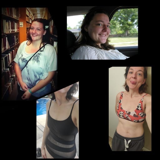 A before and after photo of a 5'6" female showing a weight reduction from 280 pounds to 137 pounds. A total loss of 143 pounds.