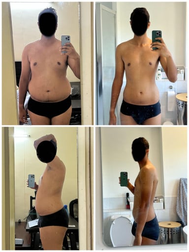 A before and after photo of a 6'0" male showing a weight reduction from 242 pounds to 162 pounds. A net loss of 80 pounds.