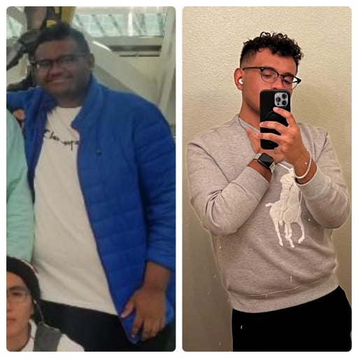 A progress pic of a 5'9" man showing a fat loss from 320 pounds to 200 pounds. A net loss of 120 pounds.