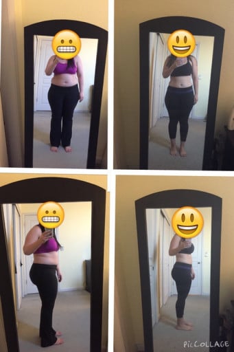 A picture of a 5'5" female showing a weight loss from 216 pounds to 180 pounds. A respectable loss of 36 pounds.