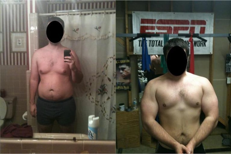 A photo of a 6'3" man showing a weight cut from 250 pounds to 225 pounds. A total loss of 25 pounds.