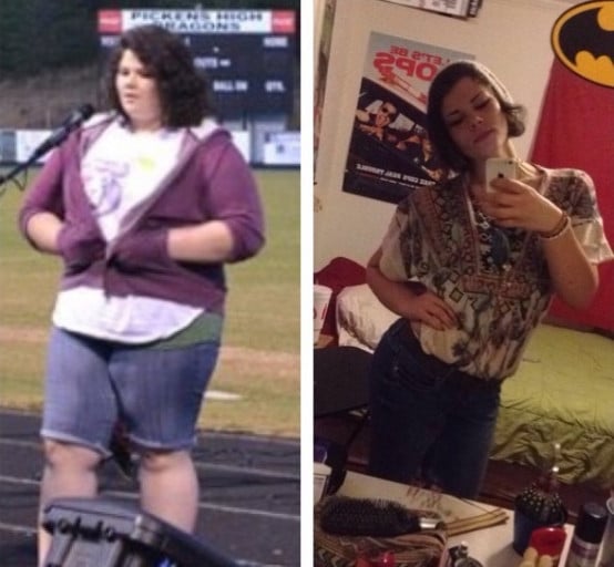 A progress pic of a 5'10" woman showing a weight cut from 324 pounds to 150 pounds. A net loss of 174 pounds.