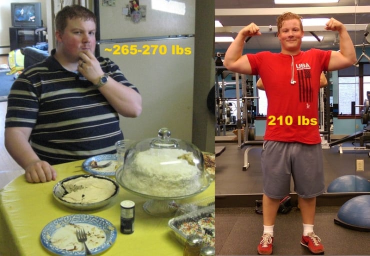 A progress pic of a 5'7" man showing a fat loss from 265 pounds to 189 pounds. A respectable loss of 76 pounds.