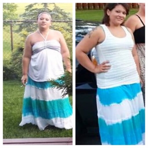 A progress pic of a 5'2" woman showing a fat loss from 194 pounds to 182 pounds. A respectable loss of 12 pounds.