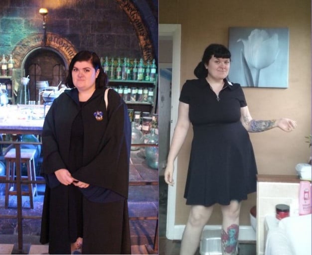 A picture of a 5'8" female showing a weight loss from 289 pounds to 206 pounds. A total loss of 83 pounds.
